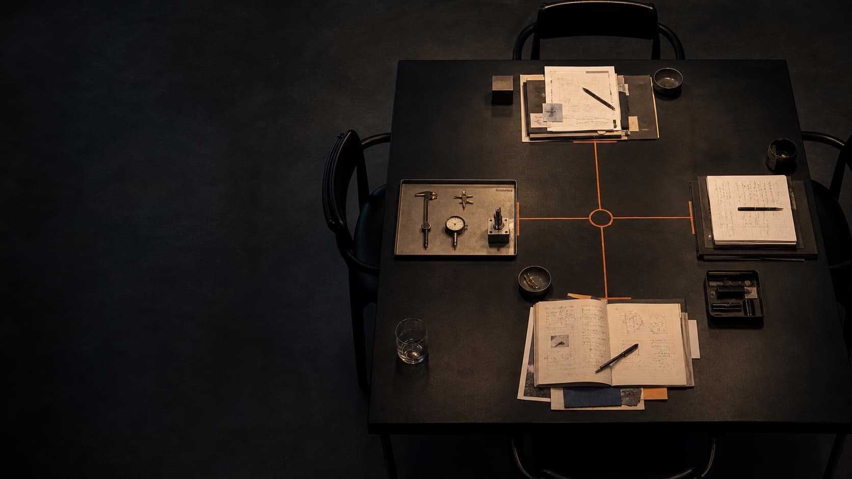 Four empty leadership stations connected around one shared dark studio table