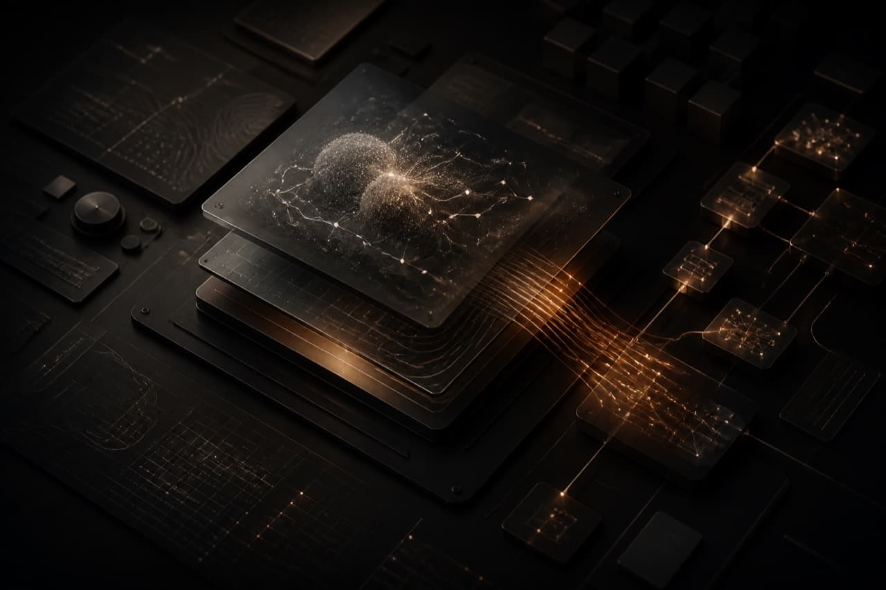 Layered AI system with connected neural pathways and interface modules.