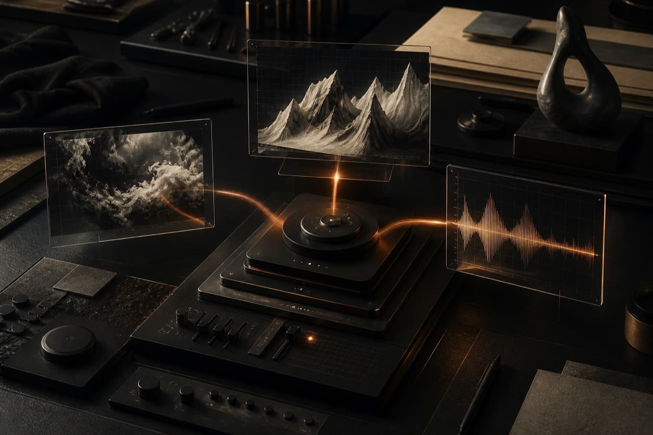Creative engine producing connected image, sound, and motion outputs.