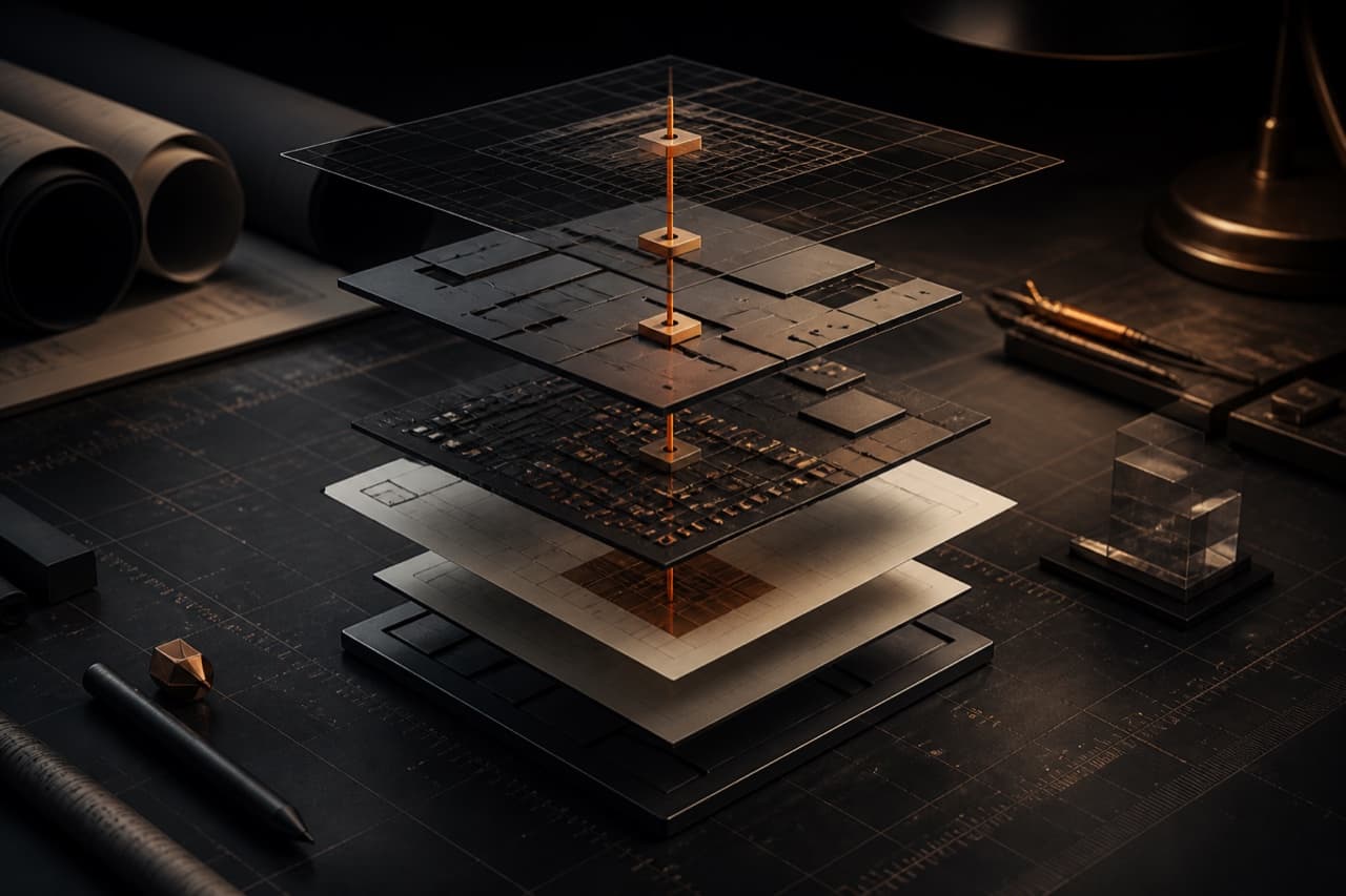 Layered product architecture assembled from precise engineering modules.