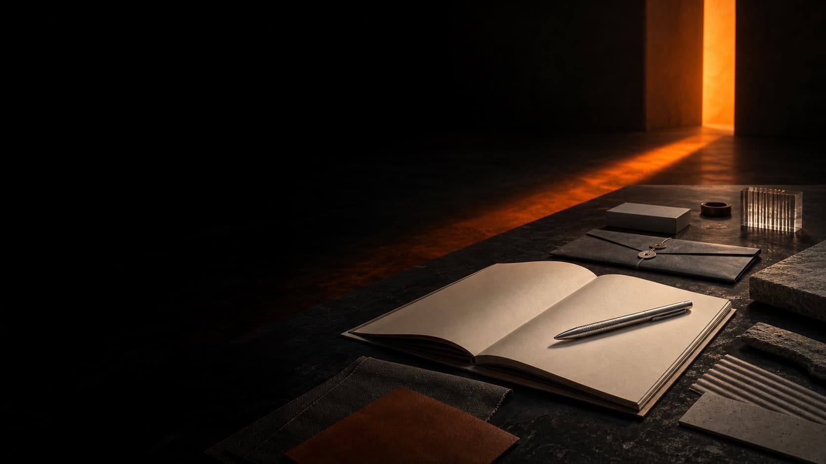 Open project folio on a dark correspondence table with a warm orange path leading toward an illuminated doorway